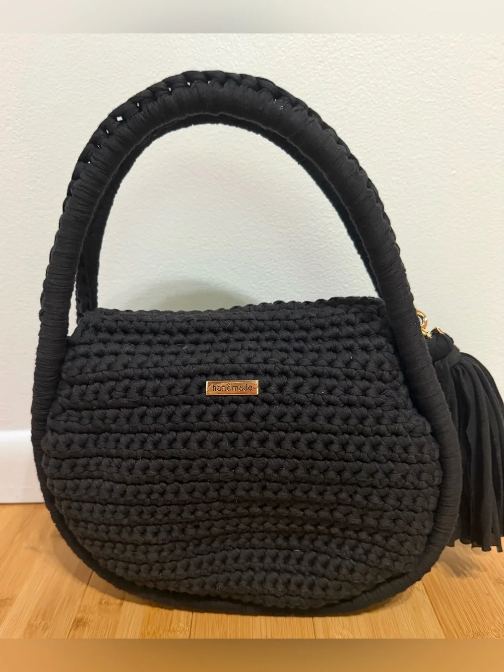 New Handmade Black Crochet Women's Purse Bag Handle Handbag tassel clasp closure